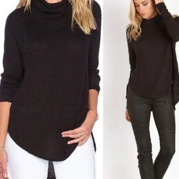 We The Free Waffle Knit Turtleneck Top Black - Picture 1 of 8